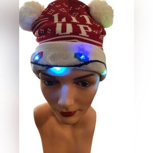 Holiday LIT UP Christmas Printed Lights Flashing Stocking Cap Beanie Pompons Red